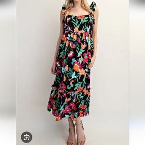 Tropical Floral Pink and Orange Sleeveless Sundress Midi Ruffled sz L